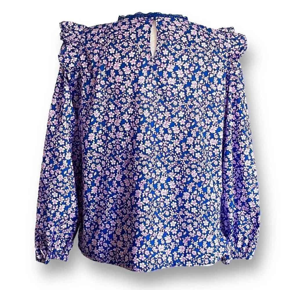 J Crew Womens Ruffle Shoulder Top S Blue Pink Floral Cotton Cottagecore Blouse